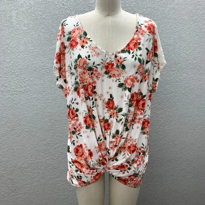 Top Bobbie Brooks Dobladillo Torcido Para Mujer 2X Blanco Coral Floral Elastizado Manga Corta Foto 1 de 4