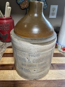FROM BEHR & COMPANY TOLEDO OHIO 1 Gallon Stoneware Whiskey Jug RARE 602 Adams St - Picture 1 of 11