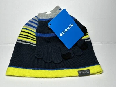 Columbia Youth O/S Hat And Gloves New With Tags Boys Blue And Neon Yellow - Image 1 of 4