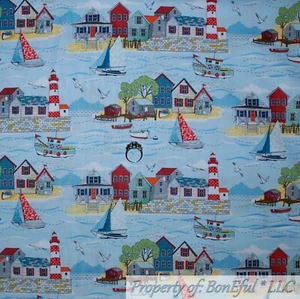 BonEful Fabric FQ Cotton Quilt Blue Water Sea Beach Light House Red White Stripe - Picture 1 of 13