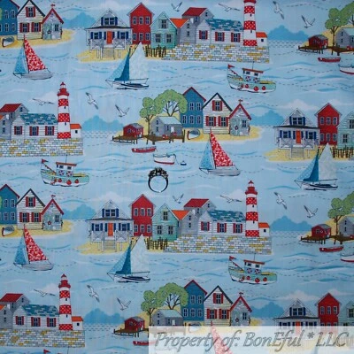 BonEful Fabric FQ Cotton Quilt Blue Water Sea Beach Light House Red White Stripe - Image 1 of 4