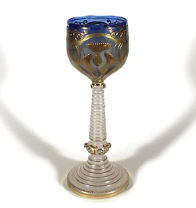 BÖHMISCHES GLAS WEIN HOCK JUGENDSTIL BLAU GOLDDISTELN GERIPPTER STIEL ANTIK - Bild 1 von 6
