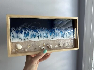 Handmade Ocean Tray, Wooden Epoxy Resin Serving Tray, Beach Recta Vanity Tray - Image 1 of 4