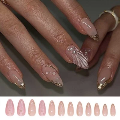 3D Water Shell Glossy False Nail Short Almond Press on Nails for Nail Art 24p ц - Image 1 of 4