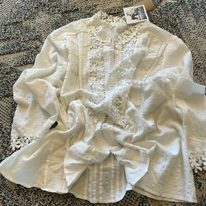 M Neu Weiß Spitze 3/4-Ärmel Top Cottage Core Folk Vintage Bluse Damen Größe MEDIUM - Bild 1 von 11