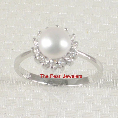 Solid Sterling Silver .925 White Freshwater Pearl Halo Ring - Image 1 of 4