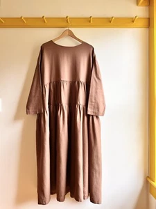ICHI Japan braun Baumwolle Leinen Twill LS Stufen Lagenlook Maxikleid Kittel NEU neu ohne Etikett - Bild 1 von 5