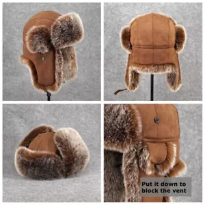 Winter Vintage Ski Russian Cossack Faux Fur Suede Leather Men's Trapper Hat Cap - Picture 1 of 9