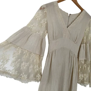 Vintage 70s Bohemian Maxi Wedding Dress XS Cream V Neck Lace Bell Sleeves Hippie - Bild 1 von 8
