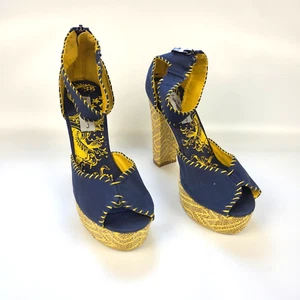 Ed Hardy Mujer 8 Azul y Amarillo Cremallera Trasera Punta abierta Plataforma Tacones Bloque - Imagen 1 de 15