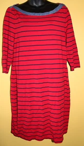 Tommy Hilfiger XL Red Knit Navy Striped Knee Length Dress 3/4 Slvs Chambray Trim - Picture 1 of 5