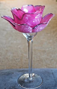 Beautiful Tall Pink Blooming Flower Glass Candle Holder. Tea Light Holder. - Picture 1 of 14