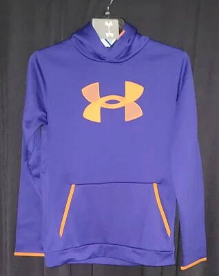 NUEVO CON ETIQUETAS UNDER ARMOUR NIÑOS TALLA JUVENIL XL, SUDADERA CON CAPUCHA MORADA CON DETALLES NARANJAS Foto 1 de 4