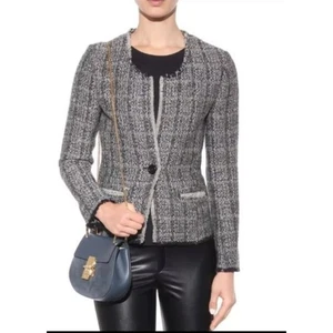 ISABEL MARANT ETOILE Tweed Blazer Jacket Black White Fringe Trim Women Size 36 - Picture 1 of 9