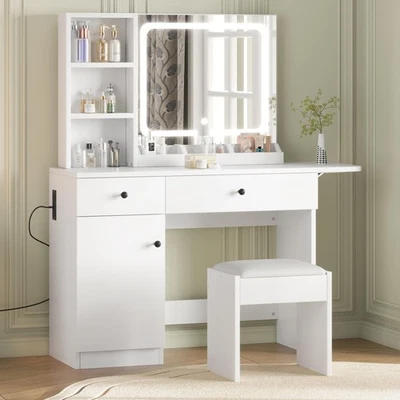 White Vanity Desk with LED Lighted Mirror & Power Outlet, Makeup Vanity with ... - Image 1 of 4