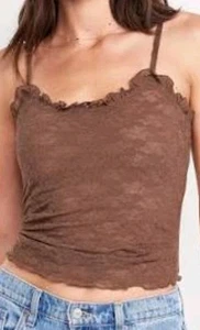 NUEVO CON ETIQUETAS Blusa Top Cami Para Mujer Antigua Azul Marino Ajustada Volantes Floral Encaje Talla L Cálida Taupe - Imagen 1 de 7