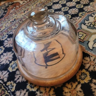 老式玻璃圆顶奶酪板木质底座 AAL 标志餐盘 — 第 1/4 张图片