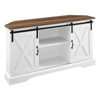 Homesphere Furniture Sliding Barn Door Corner TV Stand in Rustic Oak/Solid White - Image 1 of 4