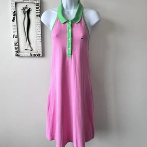 Vintage Lacoste Pink And Green Preppy Polo Tennis Halter Dress Size 44 US L - Picture 1 of 12