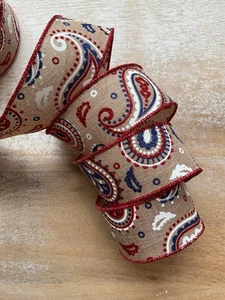 10 YARDS PATRIOTIC RED WHITE BLUE & NATURAL PAISLEY WIRE EDGE RIBBON 1 1/2" Wid - Picture 1 of 4