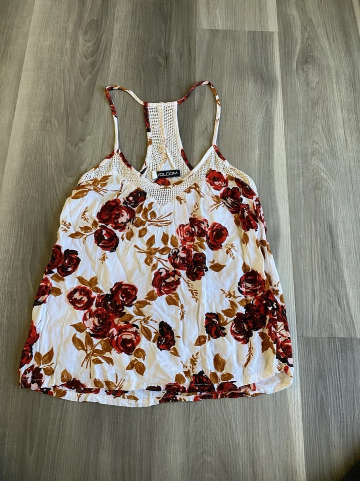 Volcom Red Floral White Tank Top Women’s Racer Back  - Image 1 of 4