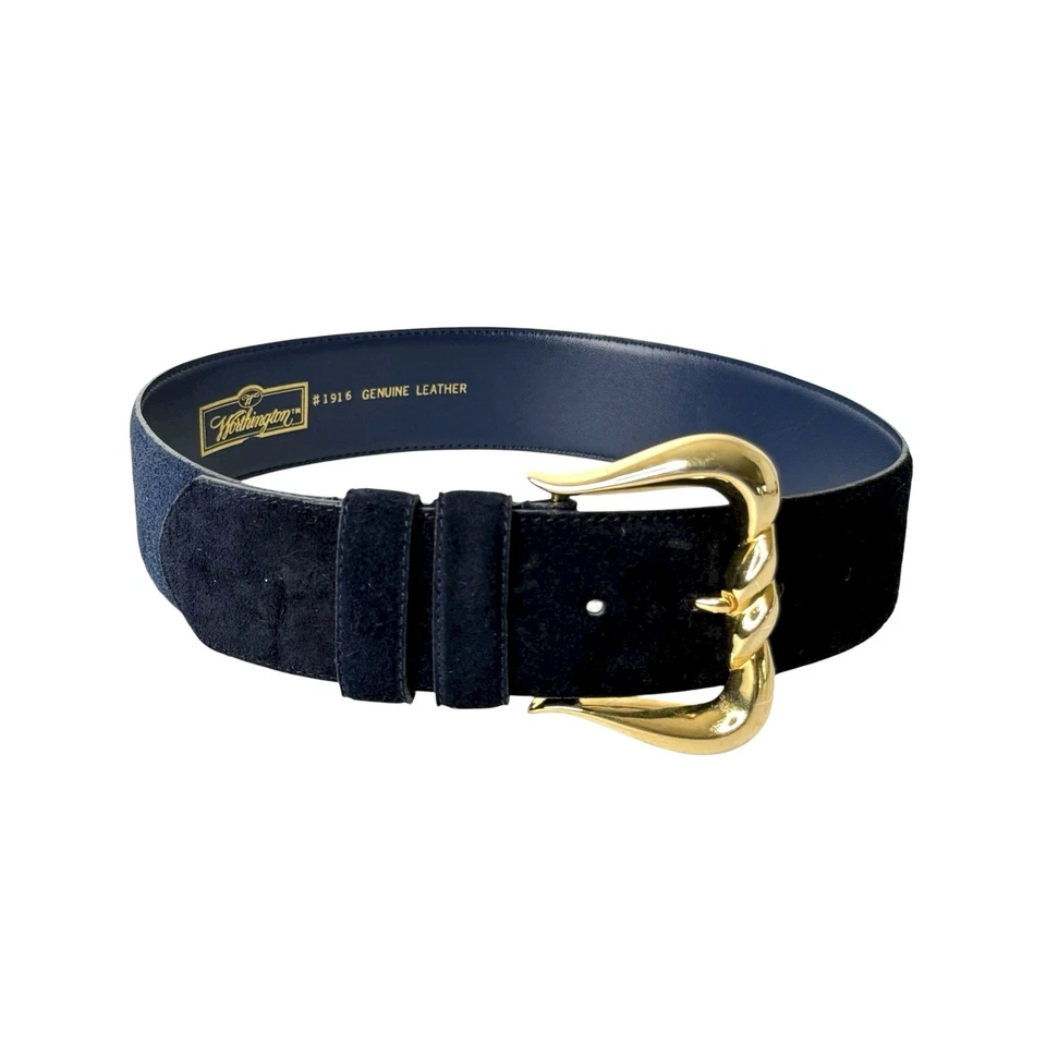 Cinto Worthington Feminino Antigo P/M Azul Marinho Couro Genuíno Camurça Fivela Dourada Boho Largo - Imagem 1 de 4