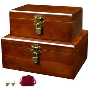 Set Of 2 Large Wooden Chest Jewelry Storage Boxes Container Hinged Lid Craft - Picture 1 of 7