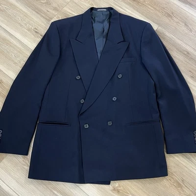 复古 City Streets 双排扣西装外套 44L 精纺羊毛混纺海军蓝经典 — 第 1/4 张图片