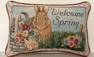 Brown Rabbit In Garden, "WELCOME SPRING", Small Tapestry Pillow, Gardening, New - Picture 1 of 6