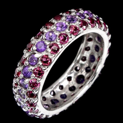 925 Sterling Silver Round Rhodolite Garnet Amethyst  Ring Size 7.5 - Image 1 of 4