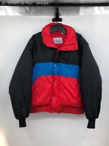 Veste de ski tampon vintage en nylon isolé vintage Chalet noir, bleu et rouge pour homme taille L