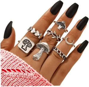 Silver Knuckle Ring Set for Women, Bohemian Vintage Stackable Mushroom Ring F... - Picture 1 of 1