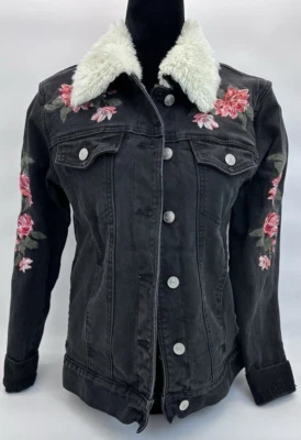 Pacsun Womens Faux Sherpa Embroidered Floral Denim Jacket SMALL - Image 1 of 4