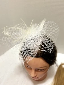White Netted Fascinator With Feather And Pearls  - Picture 1 of 2