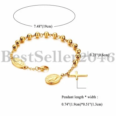 Brazalete brazalete cadena con cuentas con dije cruz virgen María de acero inoxidable para hombres y mujeres Foto 1 de 4