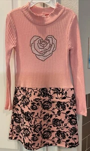 KNIT WORKS Lil Girls Dress Sz 6 Pink Ribbed Black Roses 60’s Style Pullover - Picture 1 of 5