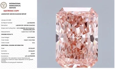 6.53 Radiant Lab Grown Diamond Engagement Ring IGI Certify Fancy Vivid  Pink VS2 - Image 1 of 4