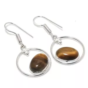 Tiger's Eye Gemstone Handmade 925 Sterling Silver Jewelry Earring Sz 1.1" - Picture 1 of 1