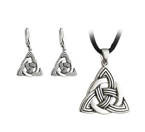 Solvar Trinity Knot Necklace and Drop Earrings Women's Set Celtic Rhodium Plated