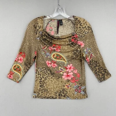 Camiseta vintage AMUSED Lynn Ritchie gola capuz de seda tamanho pequeno animal floral anos 90 Y2K - Imagem 1 de 4