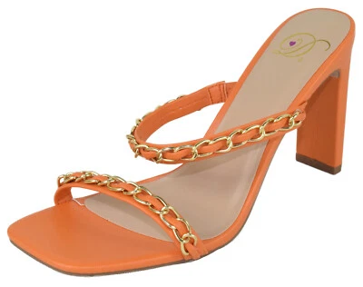 Delicious Women Block High Heel Sandals Gold Chain Band Square Toe FENN-S Orange - Image 1 of 4