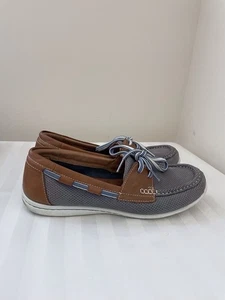 Clarks Artisan Boat Shoes Loafers Womens 8.5 M Gray Tan Leather Lace Up - Picture 1 of 8