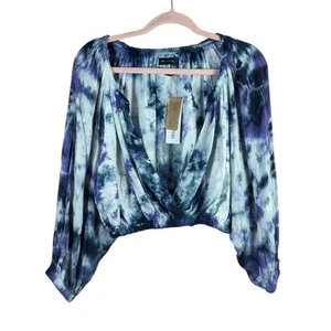 Neu mit Etikett Urban Outfitters Damengröße L blau lila Batik Wickelbluse Ballonärmel - Bild 1 von 5