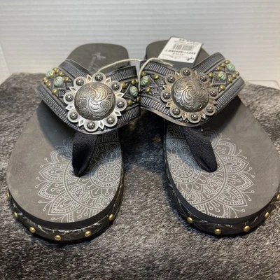 Sandalias de cuña Montana West negras con tachuelas en relieve estilo occidental talla 7-7,5 Foto 1 de 4