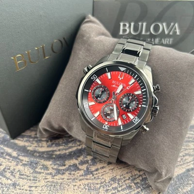 Bulova 98B350 Red Marine Star Stainless Steel Men's Chronograph Watch 43MM New - Image 1 of 4