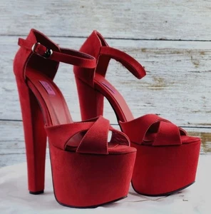 Tajna Shoes Size 37 Handmade 7" High Heel Red Suede 3" Platform Cross Strap - Picture 1 of 16