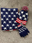 WINTER SET - US STARS STRIPES RED BLUE- Knit Hat Scarf  Gloves - New