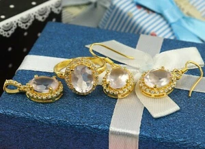Rose Quartz Ring Earrings Pendant Halo Oval Jewelry Set 18k Gold Plated Silver  - Picture 1 of 12
