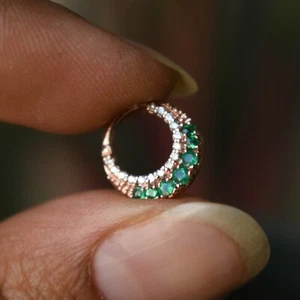 Crescent Green Emerald & Natural Diamond Solid 14K Gold Clicker- READY TO SHIP - Picture 1 of 10