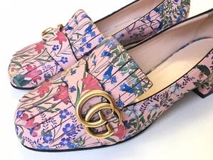 GUCCI Marmont Pink Rose Floral Fringe Block Low Heel Size 37, US 7 $ 1000 NEW! - Bild 1 von 10